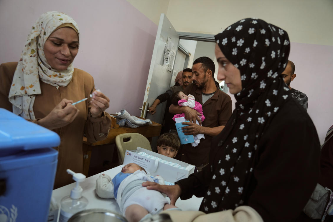 Palestinian children under age 3 receive vaccinations provided by UNICEF and Palestinian Red Crescent at a health center in Gaza City, Sunday, Nov. 9, 2025. (AP)