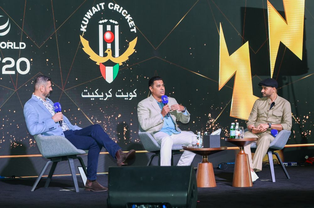 Simon Doull, Waqar Younis, and Harbhajan Singh during the fireside chat at the celebration of the DP World ILT20 and Kuwait Cricket Board partnership. (Supplied)