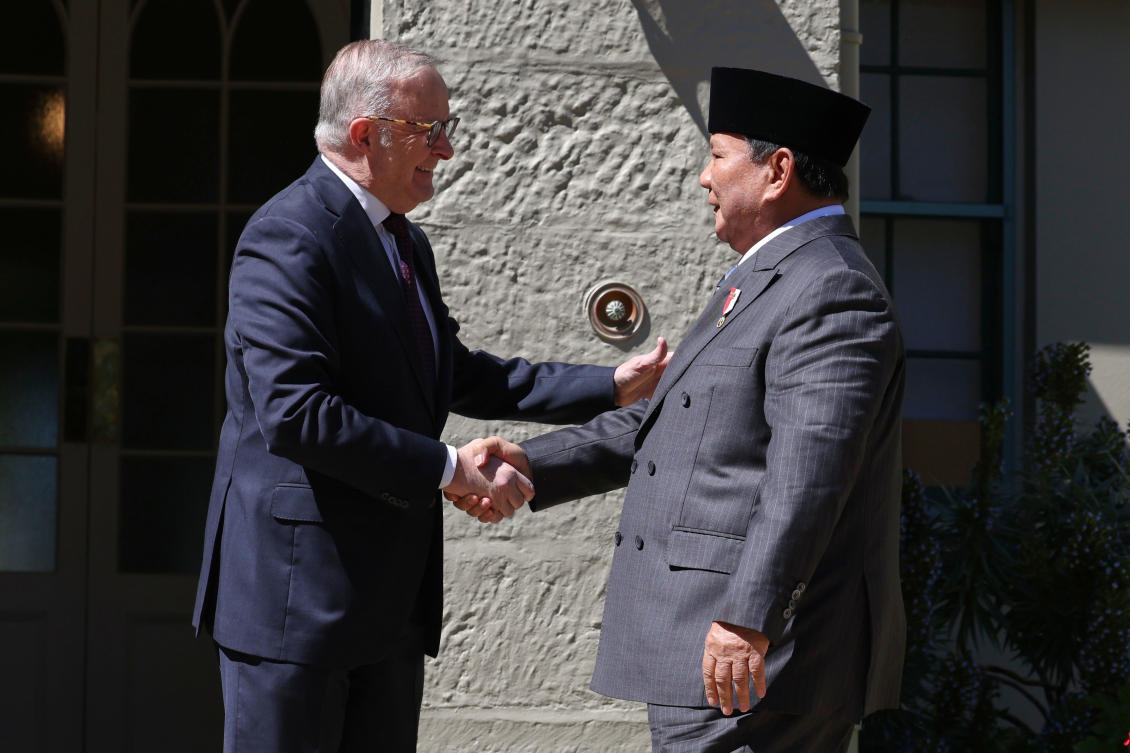 Australian Prime Minister Anthony Albanese, left, meets Indonesian President Prabowo Subianto at Kirribilli House in Sydney on Nov. 12, 2025. (AP)