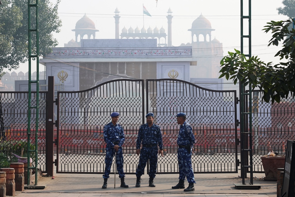 Security personnel stand guard near the site of Monday’s deadly car blast, in front of the historic Red Fort in the old quarters of Delhi on Nov. 12, 2025. (Reuters)