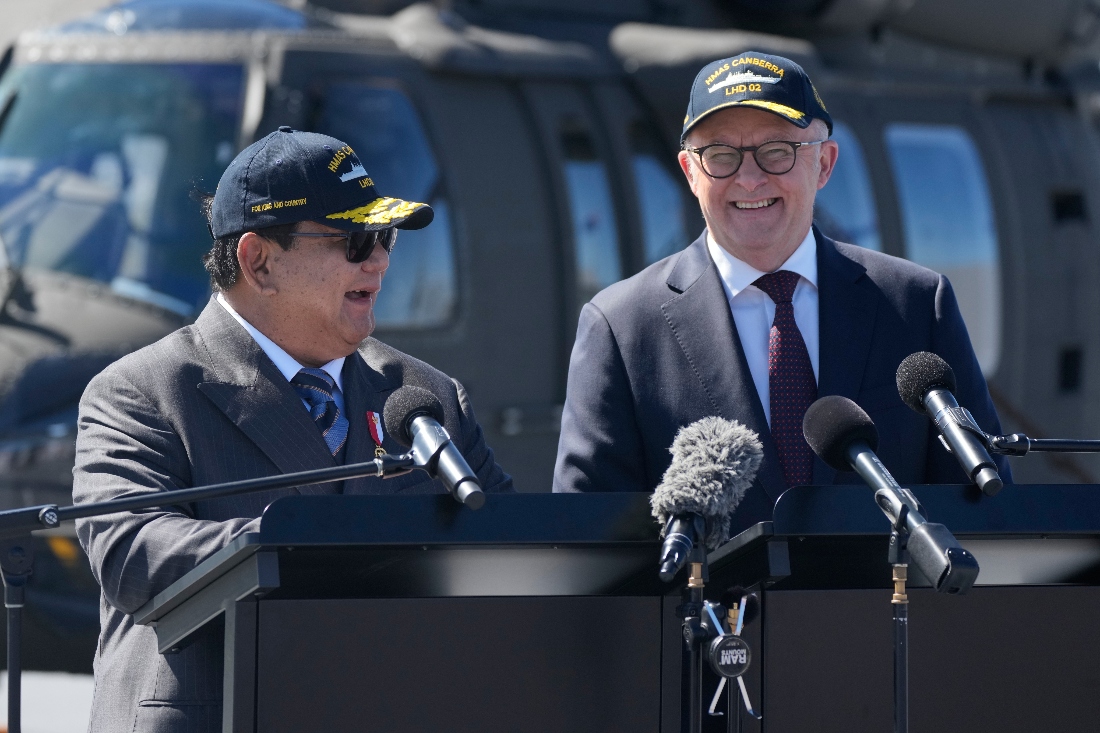 Australia's Prime Minister Anthony Albanese alongside Indonesia's President Prabowo Subianto hold a briefing on board HMAS Canberra at the Kuttabul fleet base in Sydney, Australia. (AP)
