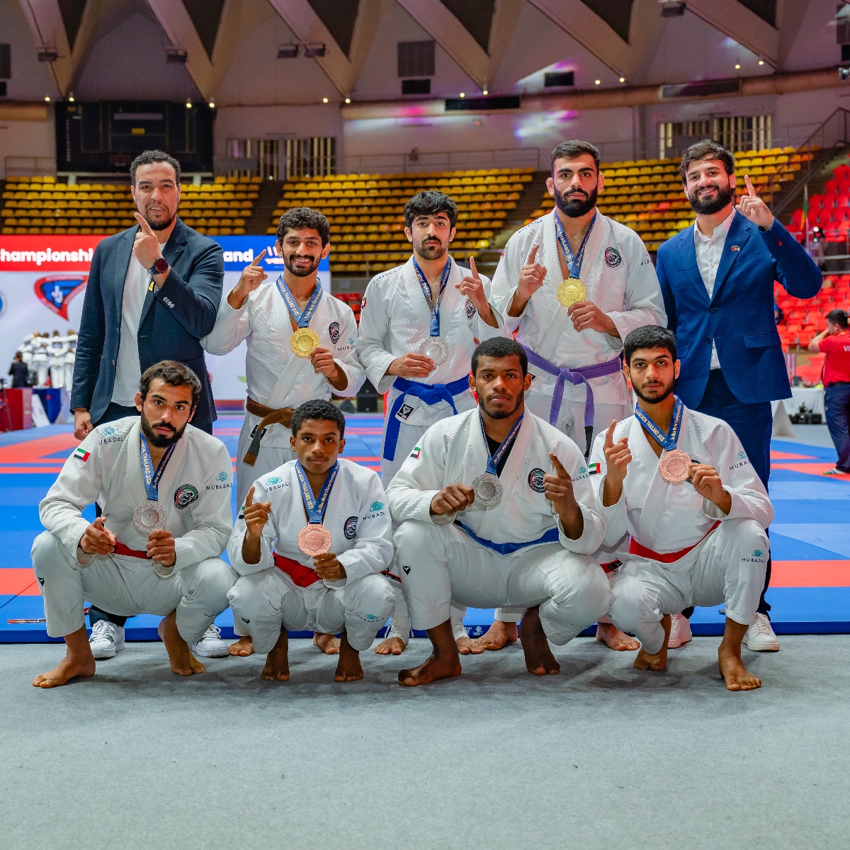 The UAE U-21 men's team claimed seven medals at the Jiu-Jitsu World Championship in Thailand on Wednesday. (UAEJJF)