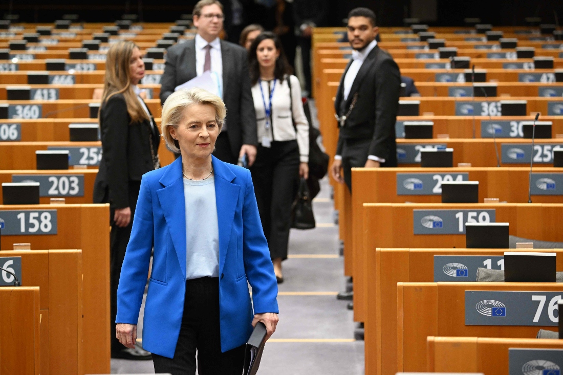European Commission President Ursula von der Leyen arrives to attend a debate on the new 2028-2034 Multiannual Financial Framework at the European Parliament in Brussels. (AFP)