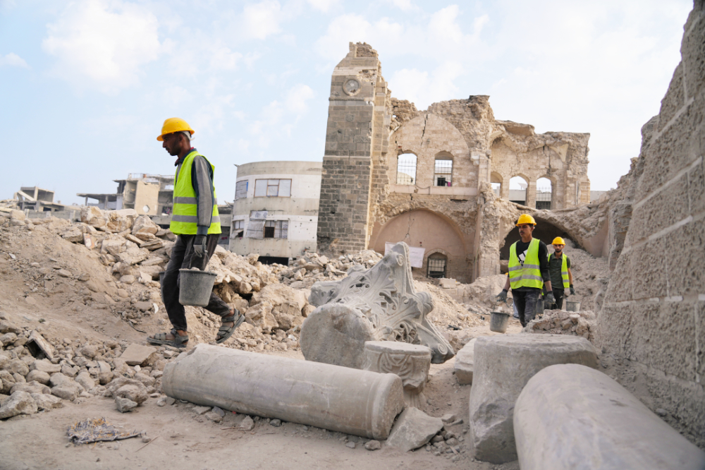 Workers from the Center for Cultural Heritage Preservation carry out restoration work at the historic Pasha Palace in Gaza City on Thursday. (AP)