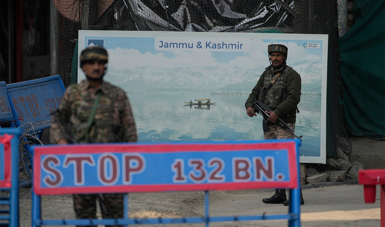 Indian soldiers stand guard in Srinagar, Indian controlled Kashmir, on Nov. 12, 2025. (AP)