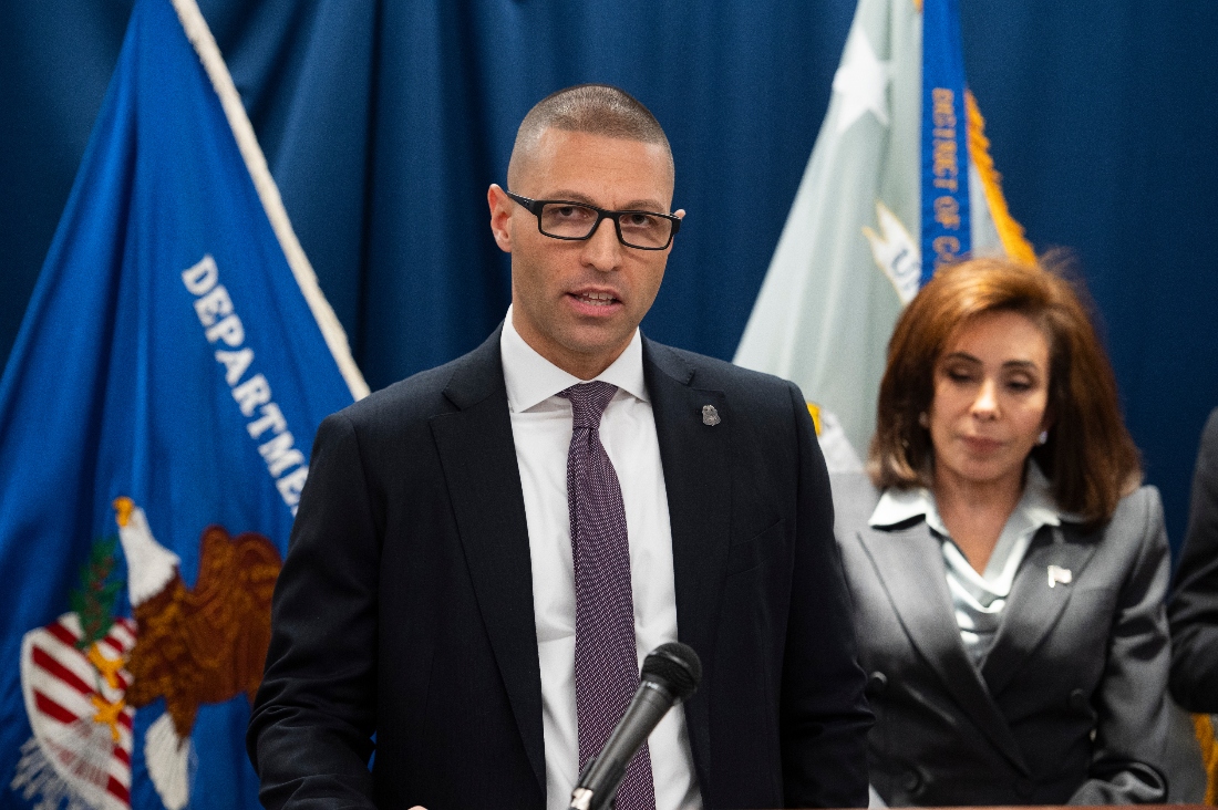 U.S. Attorney Jeanine Pirro, right, listens as FBI's Gregory Heeb, Criminal Division Deputy Assistant Director, speaks during a news conference to announce a Scam Center Strike Force. (AP)