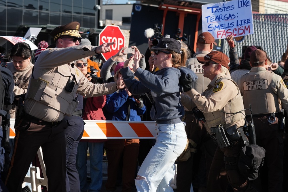 Cook County Sheriff Police detain a protester outside an ICE processing facility in the Chicago suburb of Broadview, Ill., Friday, Nov. 14, 2025. (AP)