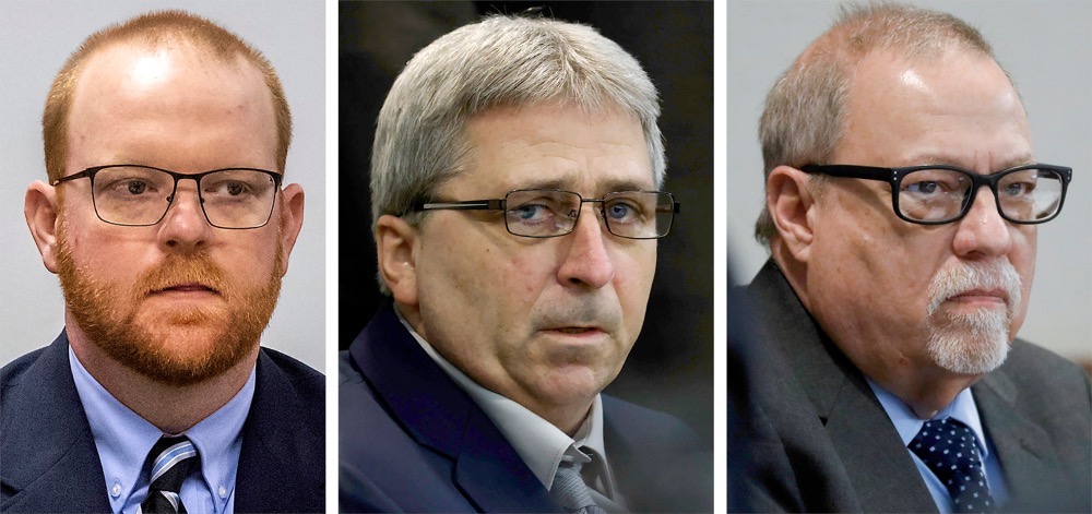 Travis McMichael, left, William "Roddie" Bryan, and Gregory McMichael, right, during their trial at the Glynn County Courthouse in Brunswick, Ga. (AP/File)