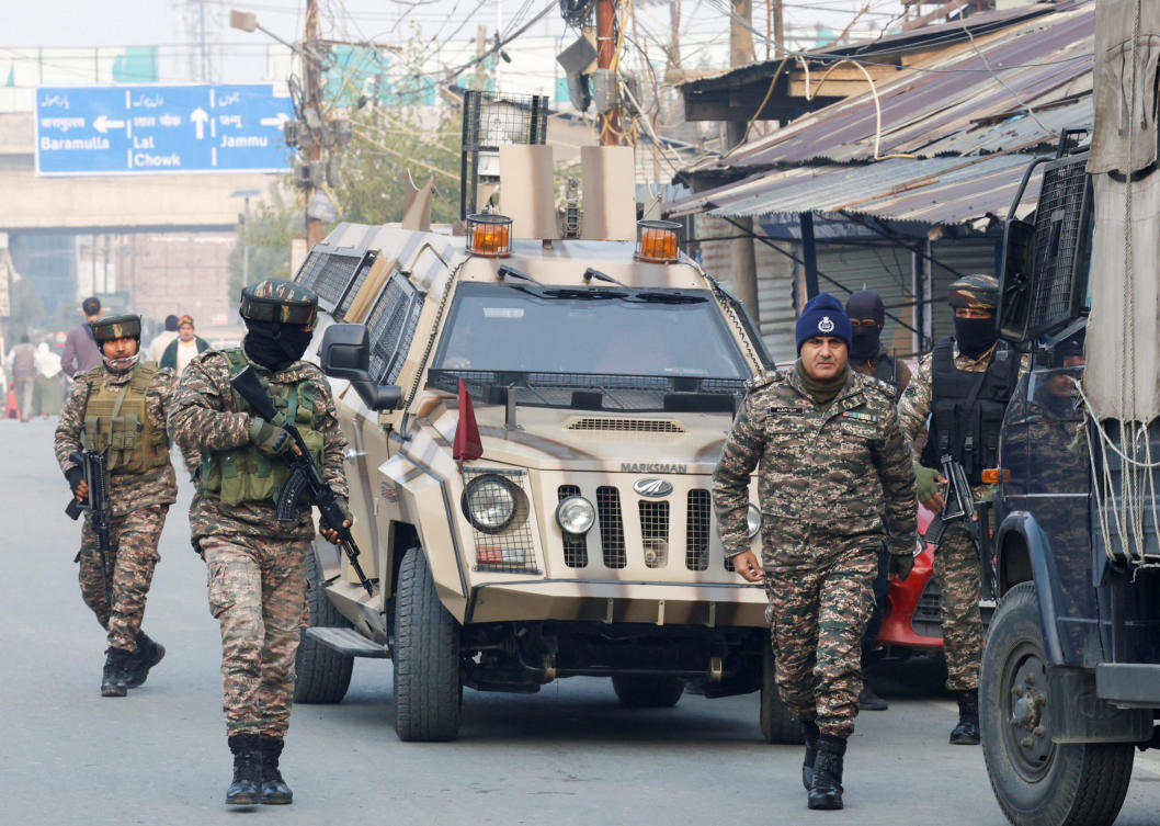 Indian security forces arrive near the site of an explosion inside a police station in Srinagar, Indian Kashmir on Nov. 15, 2025. (Reuters)