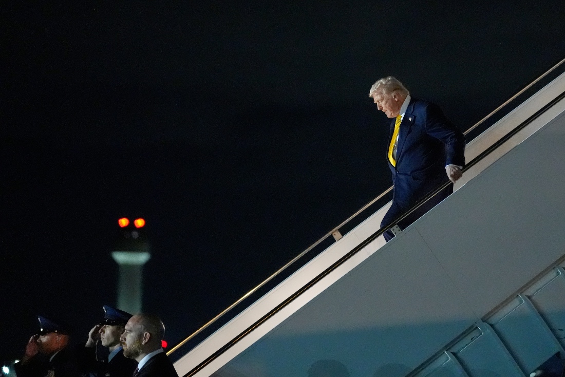 President Donald Trump steps from Air Force One as he arrives at Palm Beach International Airport in Florida, US. (AP)