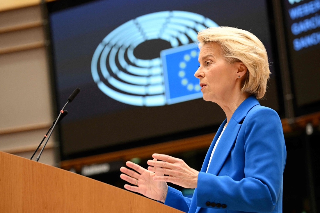 European Commission President Ursula von der Leyen delivers her speech during a debate on the new 2028-2034 Multi-annual Financial Framework at the European Parliament in Brussels, Belgium. (AFP)