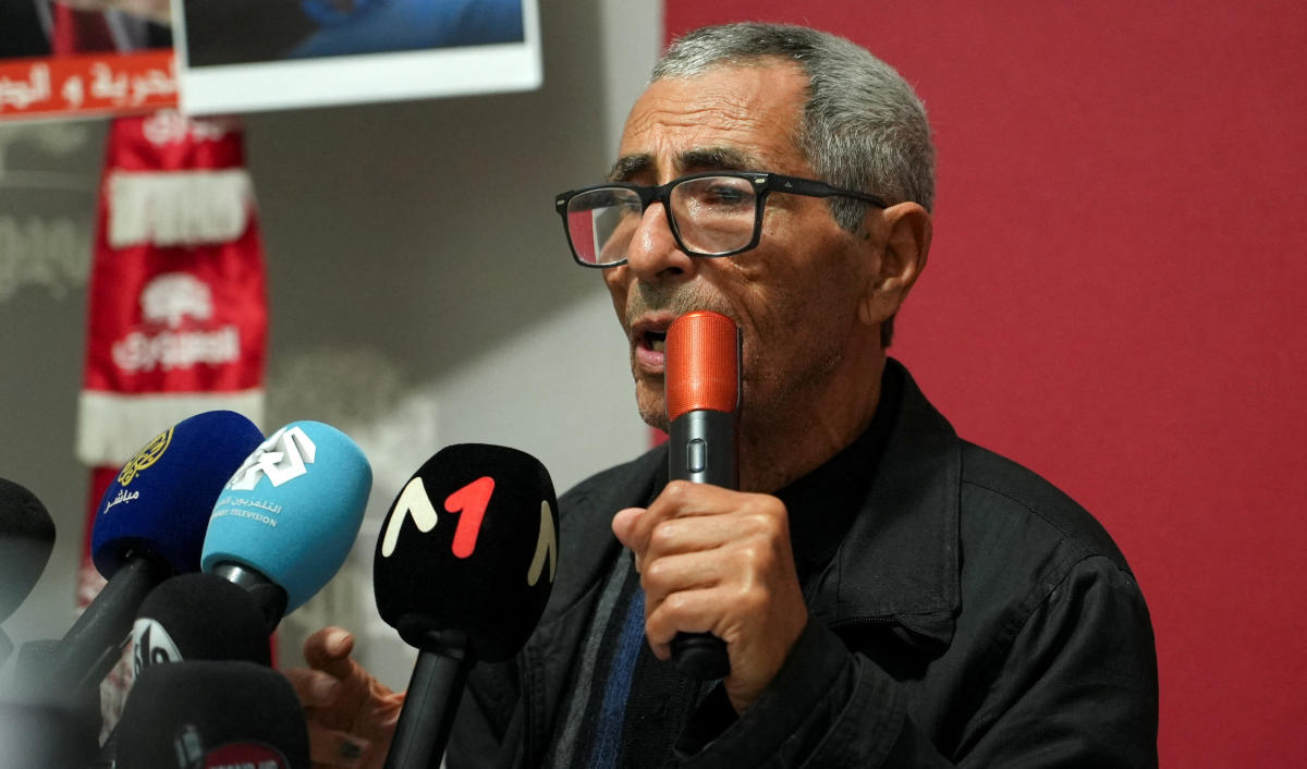 Ezzedine Hazgui, the father of jailed Tunisian opposition leader Jawhar Ben Mbarek, speaks during a press conference in Tunis on Nov. 12, 2025. (Reuters)