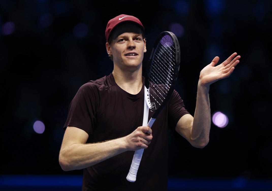 Italy’s Jannik Sinner celebrates after winning his semi final match against Australia’s Alex de Minaur — ATP Finals — Turin — Palasport Olimpico, Turin, Nov. 15, 2025. (Reuters)