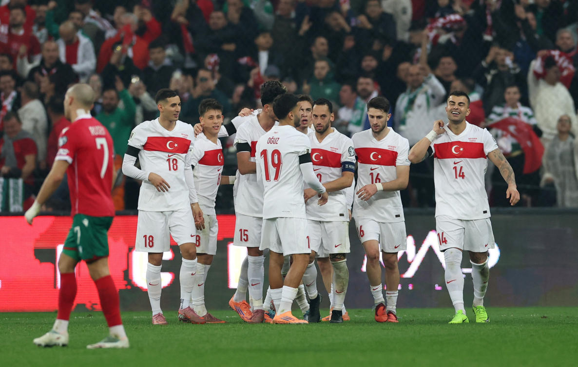 Turkiye players celebrate their second goal, an own goal scored by Bulgaria’s Atanas Chernev during their FIFA World Cup — UEFA Qualifiers — Group E — against Bulgaria — Bursa Ataturk Stadium, Bursa, Nov. 15, 2025. (Reuters)
