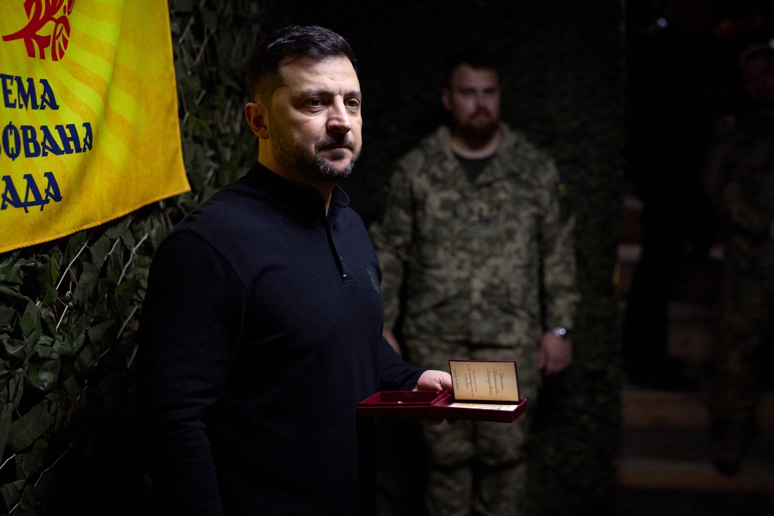Ukrainian President Volodymyr Zelensky ordering a servicemen during his visit in 65th Separate Motorized Brigade in Zaporizhzhia region. (AFP)