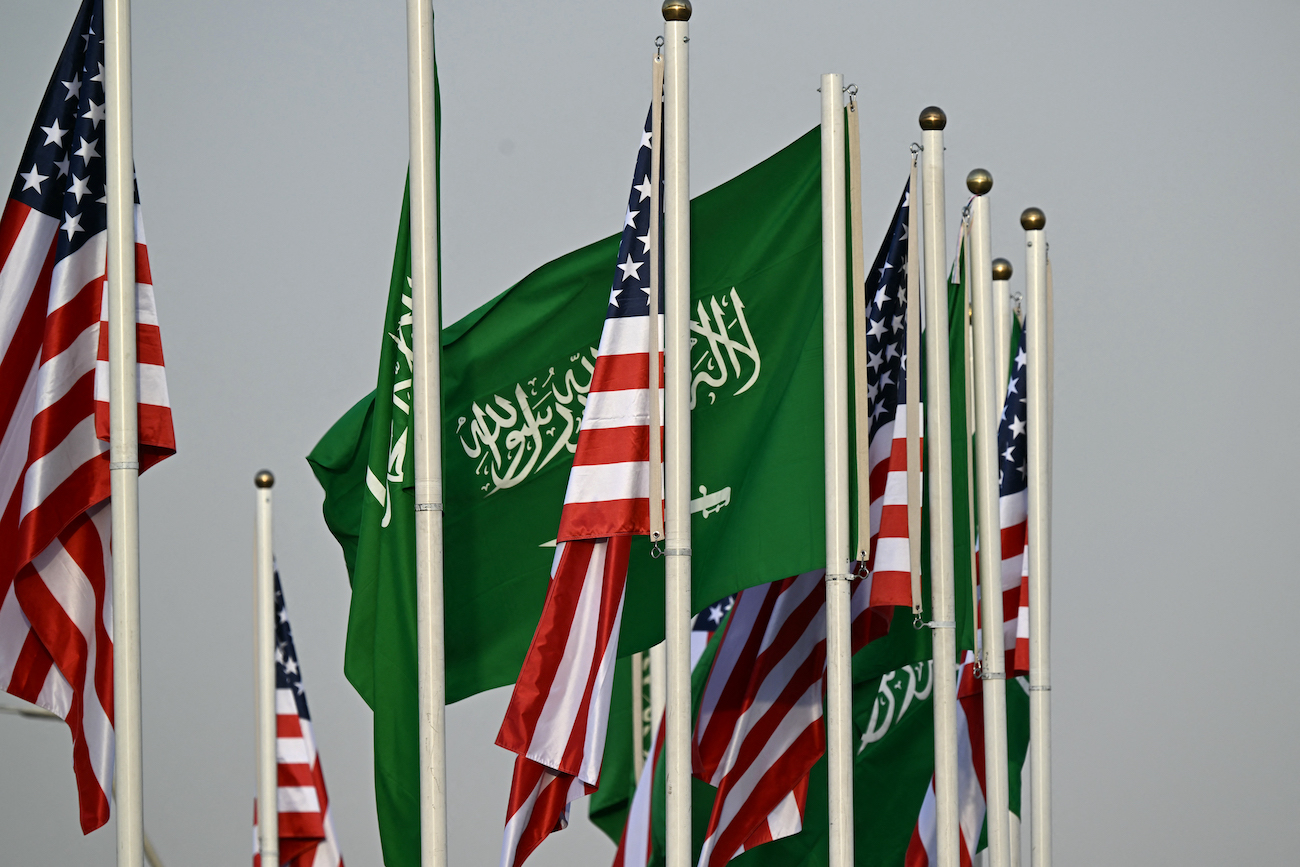 This picture shows the flags of Saudi Arabia and the US on poles in Riyadh on May 12, 2025. (File/AFP)