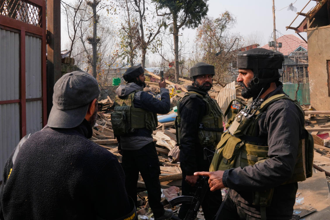 Indian army soldiers stand near the debris of blown-up home of one of the key suspect behind this week’s Delhi car blast, in Pulwama, south of Srinagar, Indian controlled Kashmir, Friday, Nov. 14, 2025. (AP)