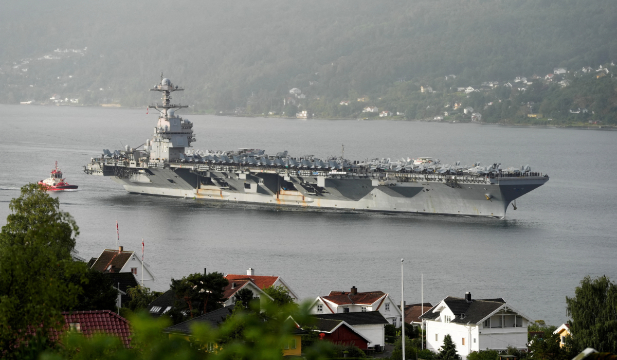 U.S. Navy's USS Gerald R. Ford (CVN 78), the world's largest aircraft carrier, sails into the Oslofjord past Droebak and Oscarsborg fortress on its way for a port visit to Oslo, Norway, September 12, 2025. (REUTERS)