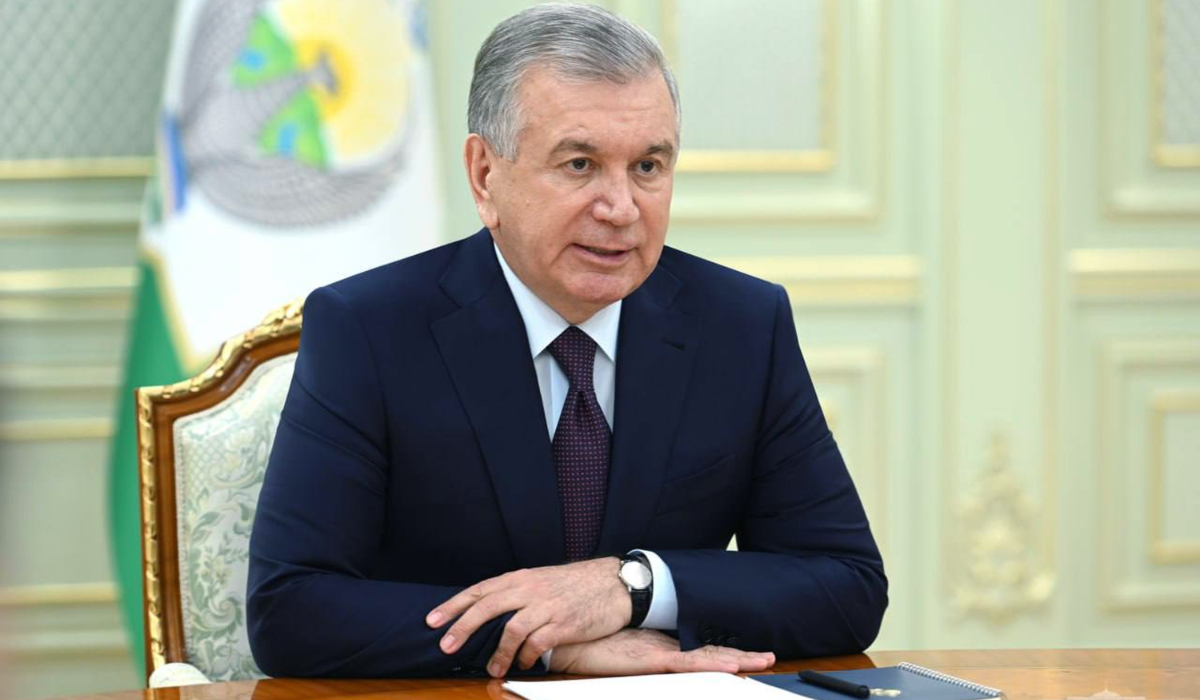 Uzbekistan's President Shavkat Mirziyoyev speaks during a meeting in Tashkent, Uzbekistan, Friday, April 28, 2023. (AP)