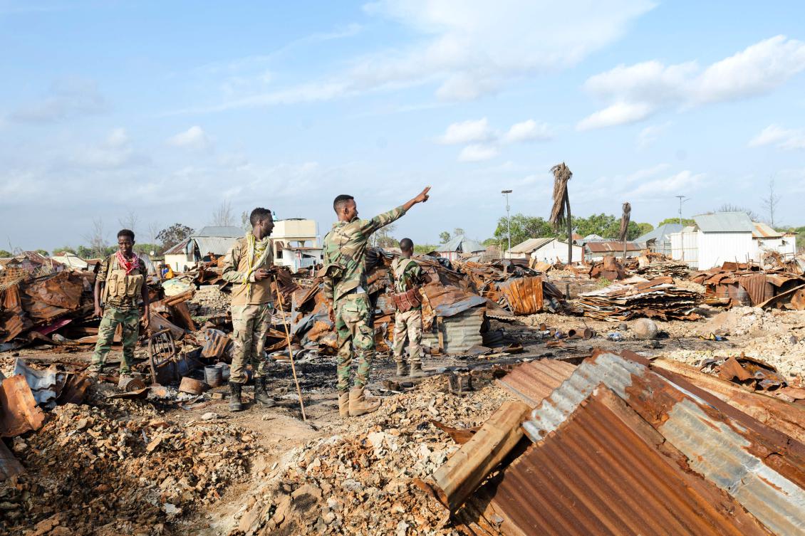 Soldiers of the Somalia National Army secure a village at Awdheegle, which was allegedly destroyed by retreating insurgents, in Somalia’s lower-Shabelle region on Nov. 11, 2025. (AFP)