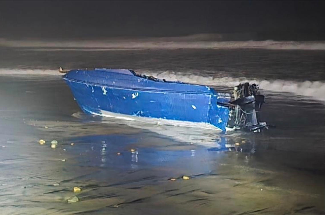 This photo provided by the Defense Visual Information Distribution Service shows a capsized boat on Nov. 14, 2025, off the coast of Imperial Beach, California. (AP)