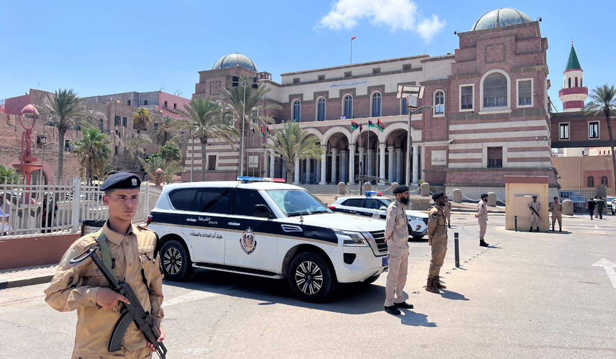 Libyan Ministry of Interior personnel stand guard in front of the Central Bank of Libya in Tripoli, Libya, August 27, 2024. (REUTERS)