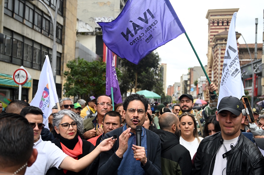 Colombia's presidential candidate Ivan Cepeda of the Pacto Historico (Historic Pact) party speaks during a rally in downtown Bogota, Colombia. (AFP)