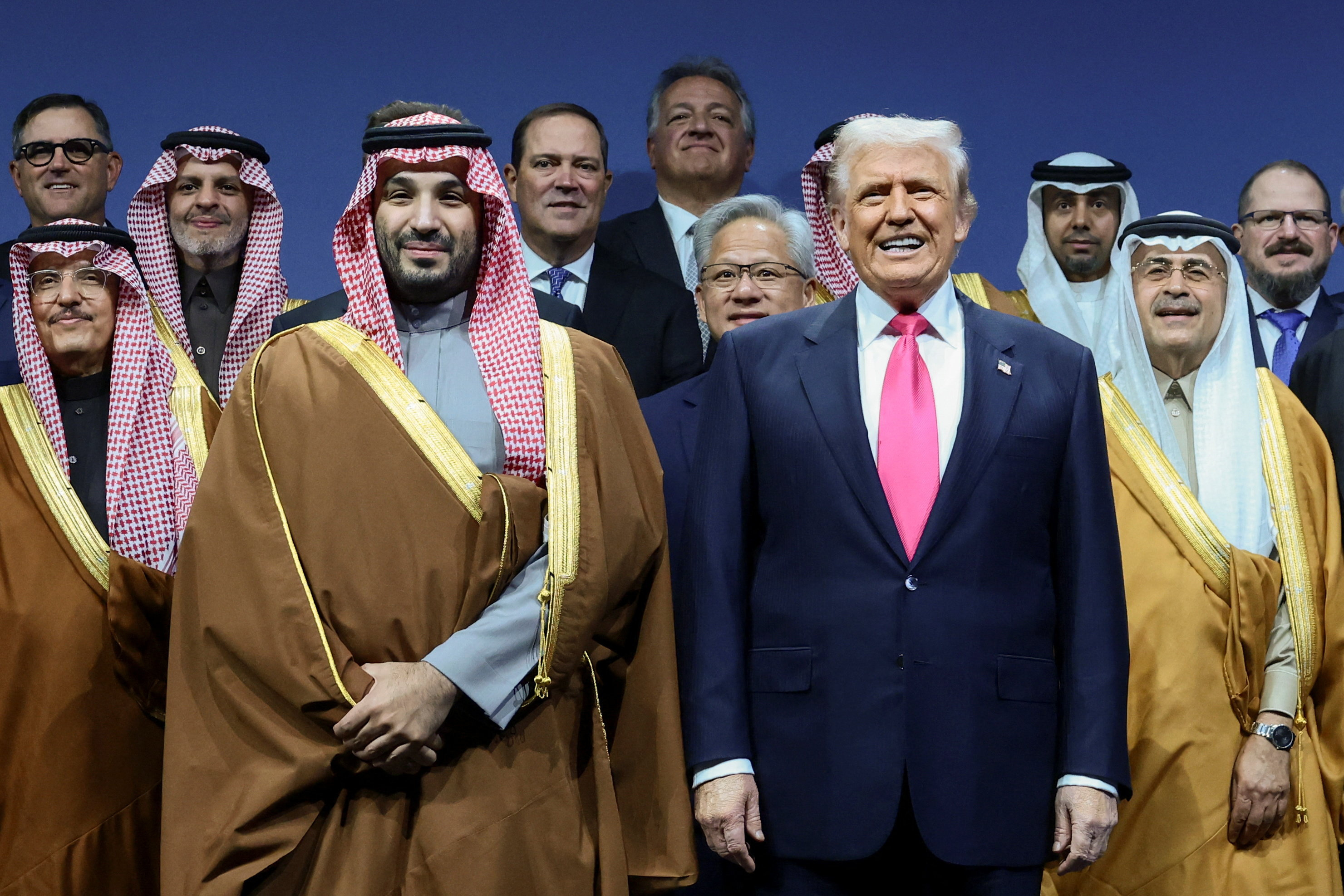 Saudi Crown Prince Mohammed bin Salman, US President Donald Trump, and Jensen Huang, CEO of Nvidia, pose for a picture during the US-Saudi Investment Forum in Washington, DC, Nov. 19, 2025. (Reuters)