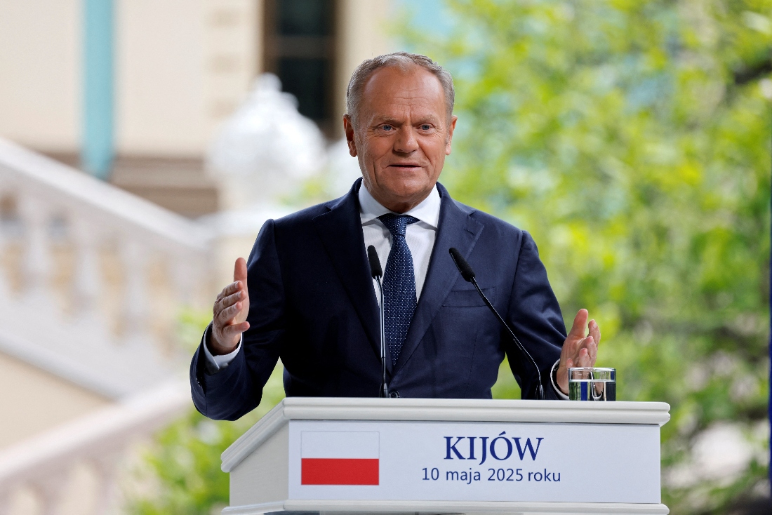 Polish Prime Minister Donald Tusk speaks during a press conference in the grounds of the Mariynsky Palace in Kyiv, Ukraine. (AFP)