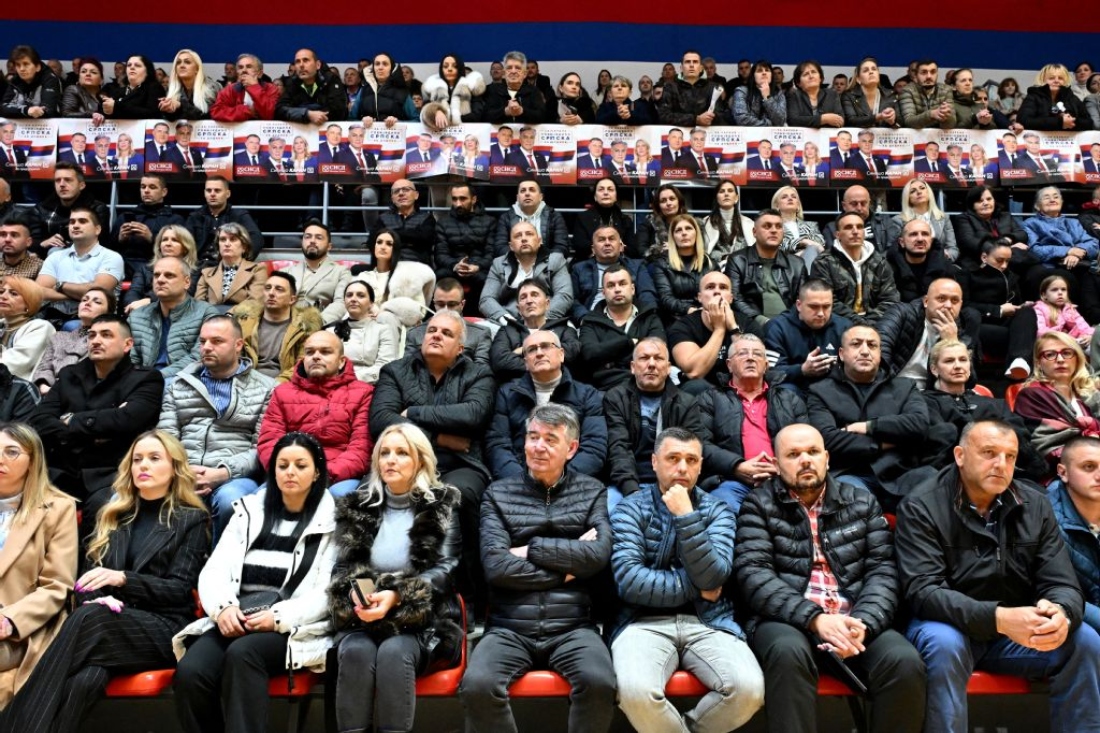 A photo in the town of Foca in eastern Bosnia and Herzegovina shows supporters of the SNSD party (Alliance of Independent Social Democrats) attending a pre-election rally. (AFP)