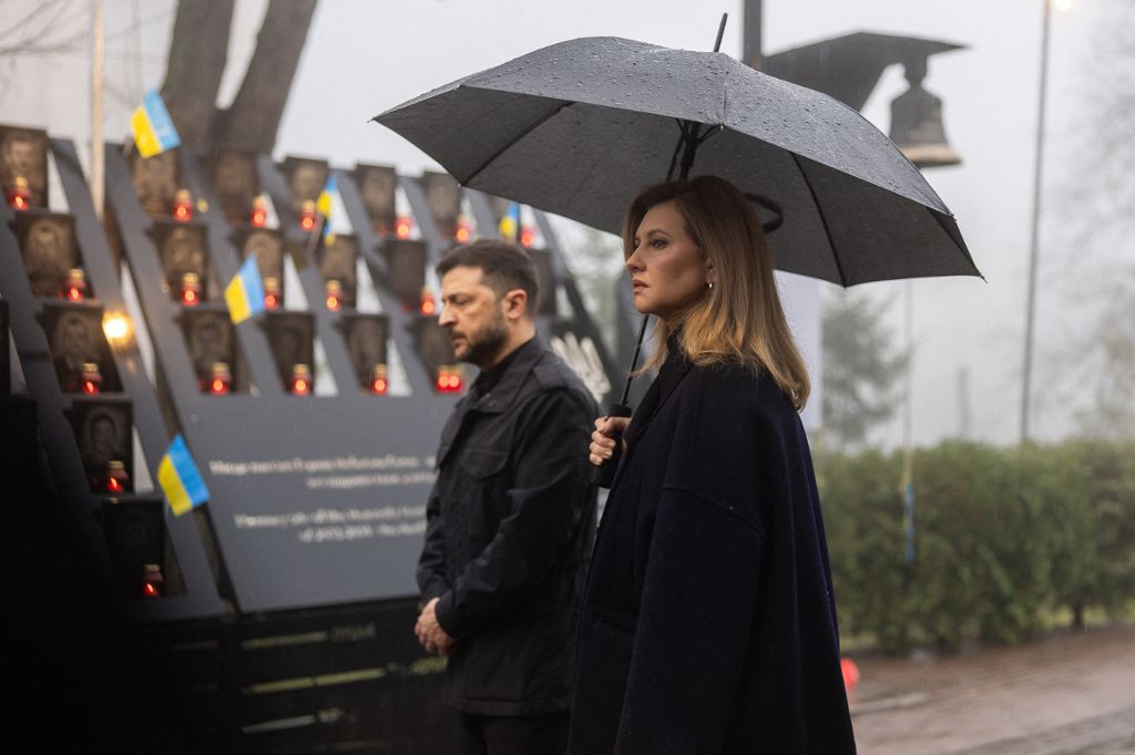 Ukraine's President Volodymyr Zelensky and First Lady Olena Zelenska paid tribute Friday to demonstrators killed during protests in 2014. Zelensky said his country is facing one of its most difficult moments in history. (AFP)