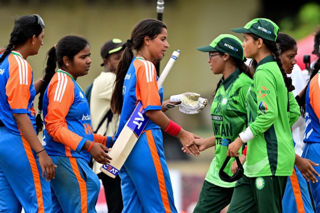 Pakistan's captain Nimra Rafique shakes hands with India's players at the end of the Women’s Blind Twenty20 World Cup 2025 match between India and Pakistan at the BOI Cricket Stadium in Katunayake. (AFP)