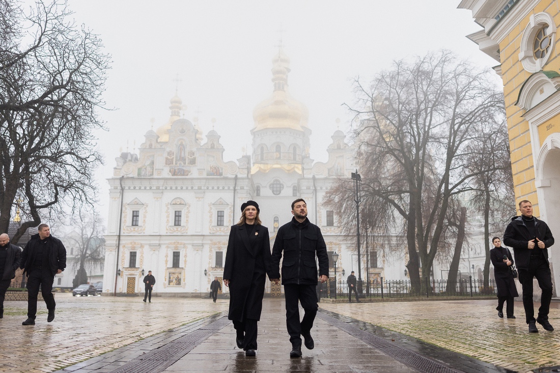 In this photo provided by the Ukrainian Presidential Press Office, Ukrainian President Volodymyr Zelenskyy and his wife Olena walk after commemorative ceremony for victims of the Holodomor, Great Famine, that killed millions in the 1930's, in Kyiv, Ukraine. (AP)