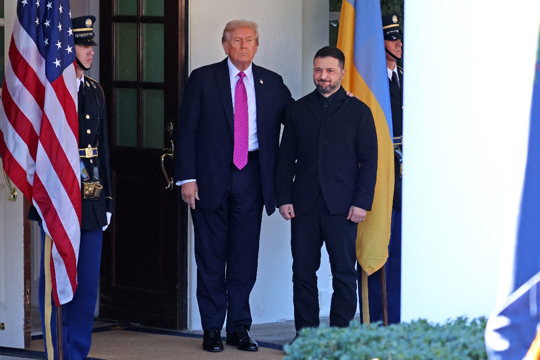 US President Donald Trump welcomes Ukrainian President Volodymyr Zelensky as he arrives for a meeting at the White House in Washington, US. (AFP)