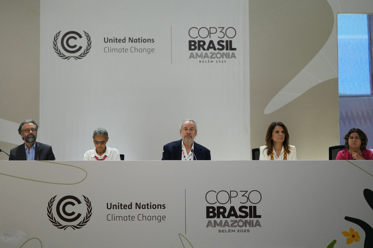 Brazil environment minister Marina Silva (second from left), COP30 President Andrea Correa do Lago (center) and COP30 CEO Ana Toni (second from right), attend a news conference at the COP30 UN Climate Summit on Nov. 22, 2025, in Belem, Brazil. (AP Photo)