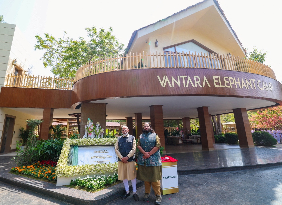 India's Prime Minister Narendra Modi and Anant Ambani, son of Indian billionaire Mukesh Ambani, pose for a photograph after the inauguration of Vantara animal rescue and rehabilitation centre in Jamnagar, Gujarat, India. (Reuters)