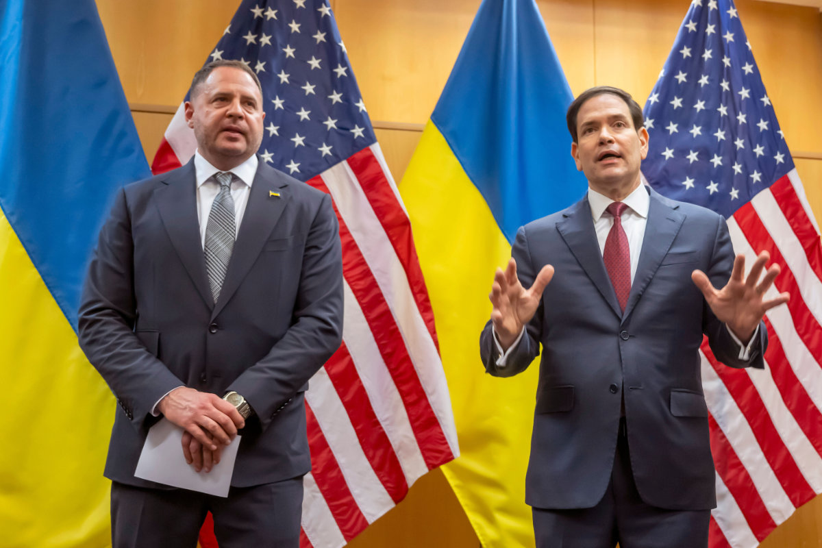US Secretary of State Marco Rubio, right, and Andriy Yermak, head of Ukraine's Office of the President, talk to the press as their consultations continue at the US Mission to International Organizations in Geneva on Nov. 23, 2025. (Keystone via AP)