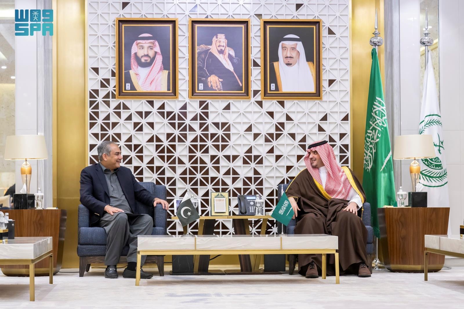 Saudi Interior Minister Prince Abdulaziz bin Saud bin Nayef bin Abdulaziz receives Pakistan’s Minister of Interior and Narcotics Control Mohsin Raza Naqvi in Riyadh on Monday. (SPA)