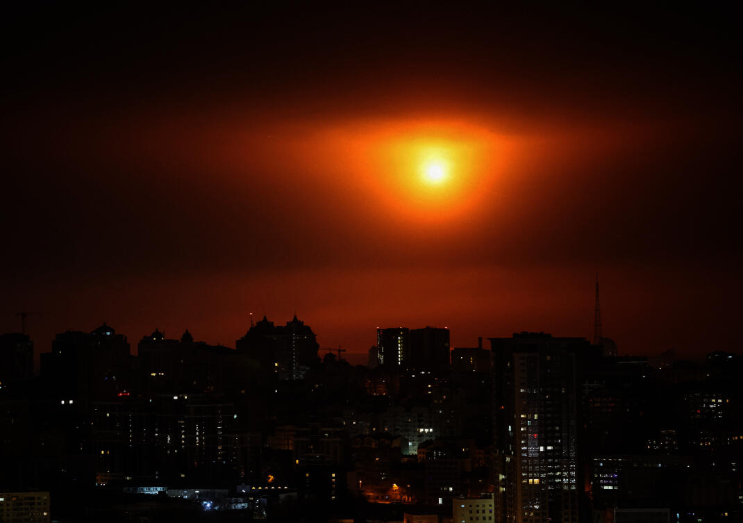 An explosion of a Russian drone in the sky over the city during a Russian missile and drone strike, amid Russia's attack on Ukraine, in Kyiv, Ukraine November 25, 2025. (REUTERS)