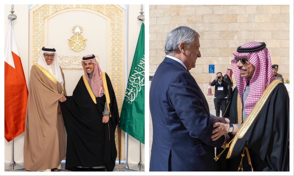 Saudi Foreign Minister Prince Faisal bin Farhan receives his Bahraini counterpart Abdullatif bin Rashid Al-Zayani (far left) and Italian counterpart Antonio Tajani. (SPA)