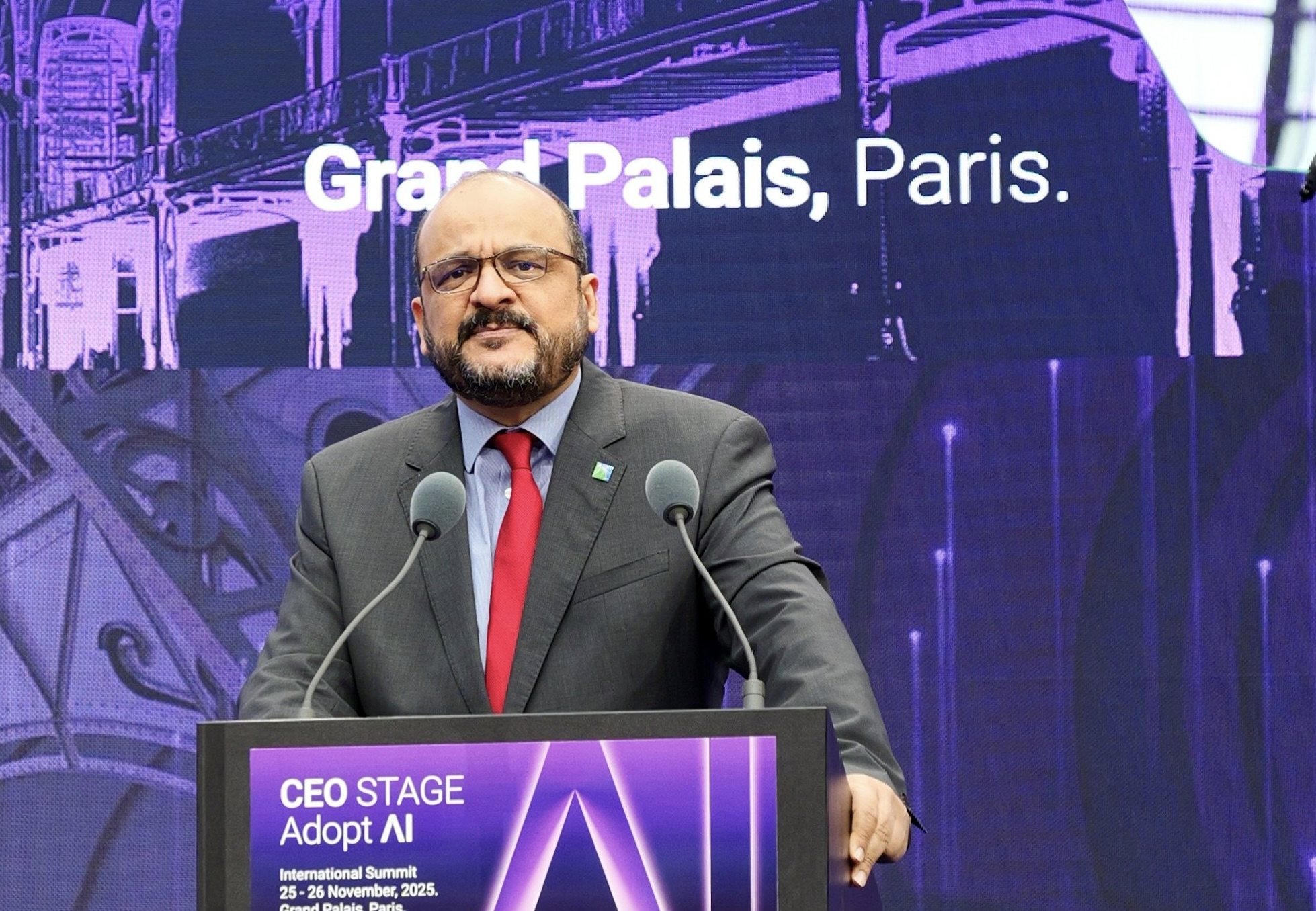 Aramco’s Executive Vice President of Technology and Innovation Ahmad O. Al-Khowaiter speaks at the Adopt AI International Summit in Paris. Photo/Supplied