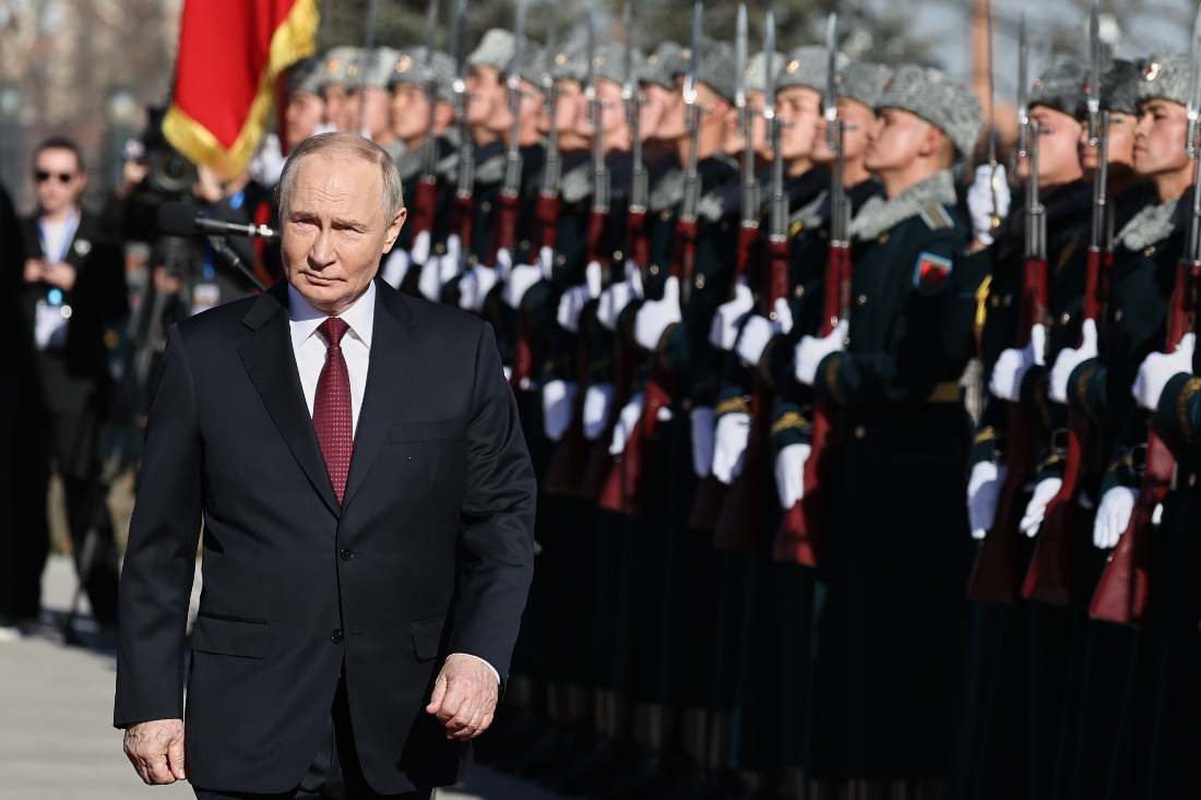 Russian President Vladimir Putin attends an official welcome ceremony at the Administrative complex Yntymak-Manas Ordo, in Bishkek, Kyrgyzstan. (AP)