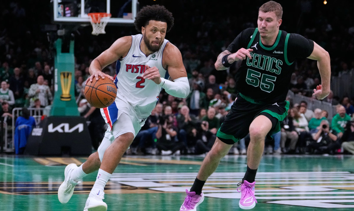 Detroit Pistons guard Cade Cunningham (2) drives past Boston Celtics guard Baylor Scheierman (55) during the second half of an Emirates NBA Cup basketball game, Wednesday, Nov. 26, 2025, in Boston. (AP)
