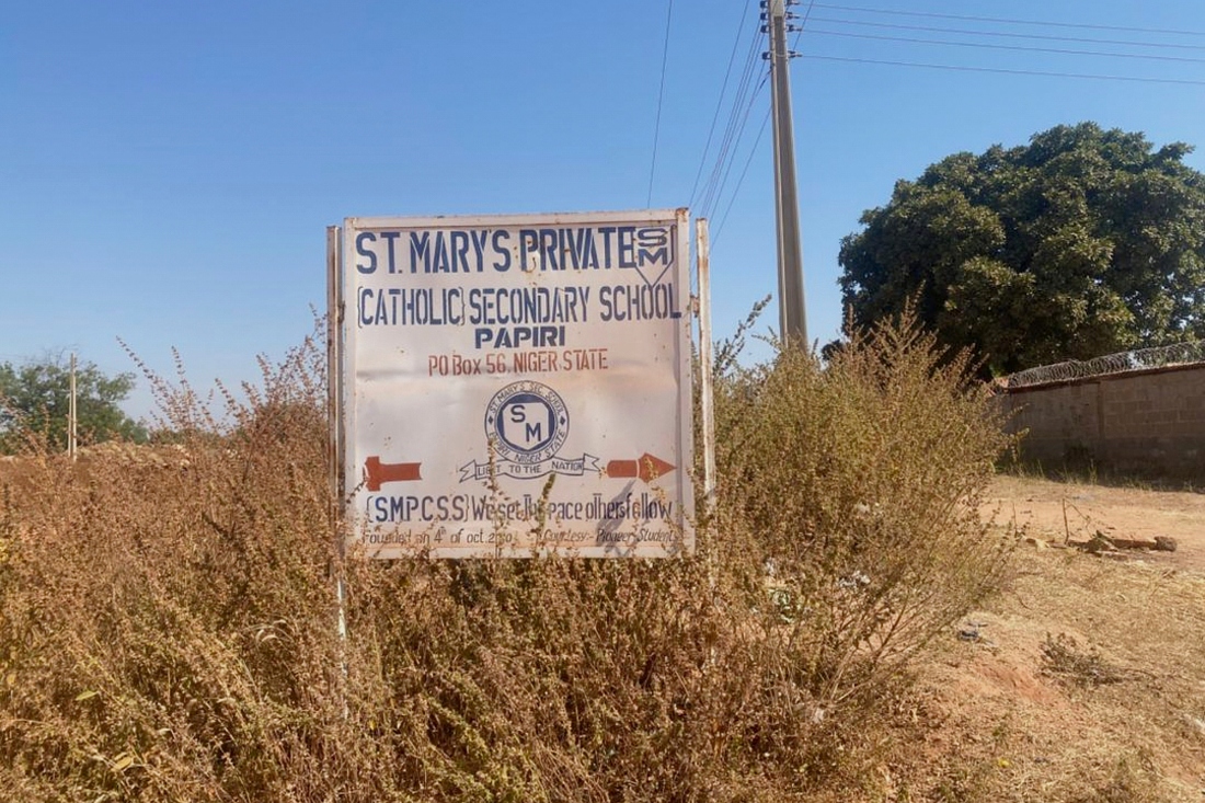 A sign of St. Mary's Catholic Primary and Secondary School, where gunmen on Friday abducted children and staff in Papiri community, Nigeria. (AP)