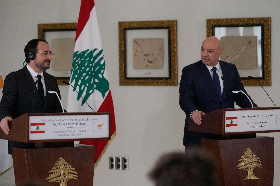 Lebanese President Joseph Aoun speaks during a joint press conference with his Cypriot counterpart Nikos Chistodoulides, at the presidential palace in Baabda, Lebanon. (AP)