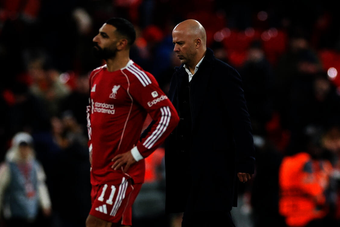 Liverpool manager Arne Slot and Mohamed Salah after their — UEFA Champions League — match against PSV Eindhoven — Anfield, Liverpool, Nov. 26, 2025. (Reuters)