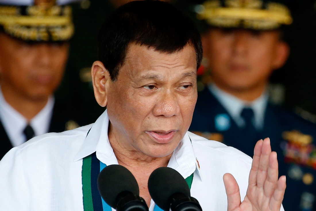 Philippine's former President Rodrigo Duterte addresses the troops in suburban Quezon city northeast of Manila, Philippines. (AP)