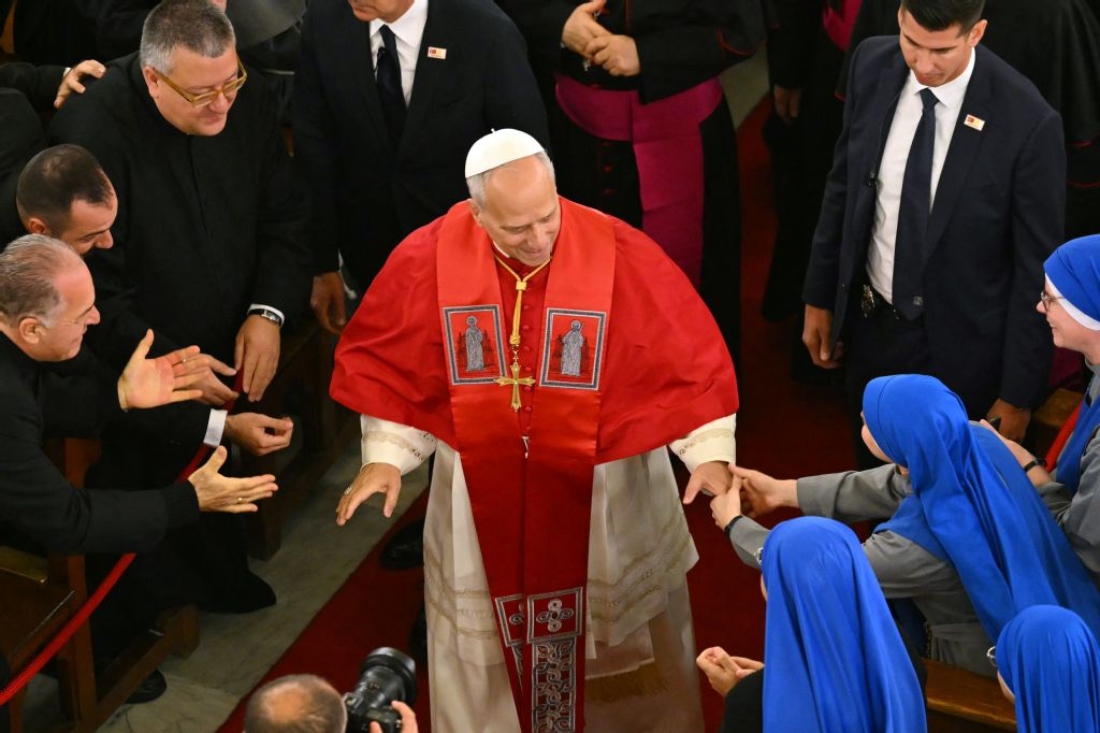 Pope Leo XIV arrives at the Cathedral of the Holy Spirit (St Esprit cathedral) for a meeting with bishops, priests, deacons, consecrated men and women, and pastoral workers, in Istanbul, Turkiye. (AFP)