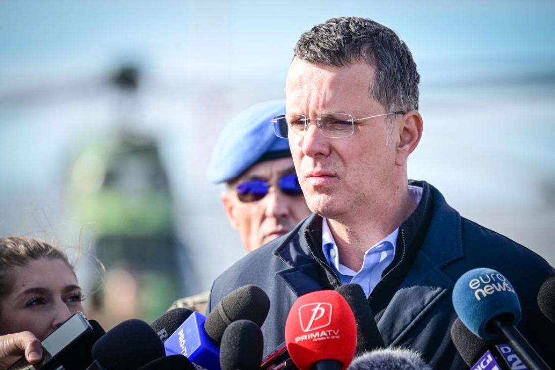 Romanian Minister of Defence Ionut Mosteanu addresses the media at Mihail Kogalniceanu Air Base, Romania. (AFP)