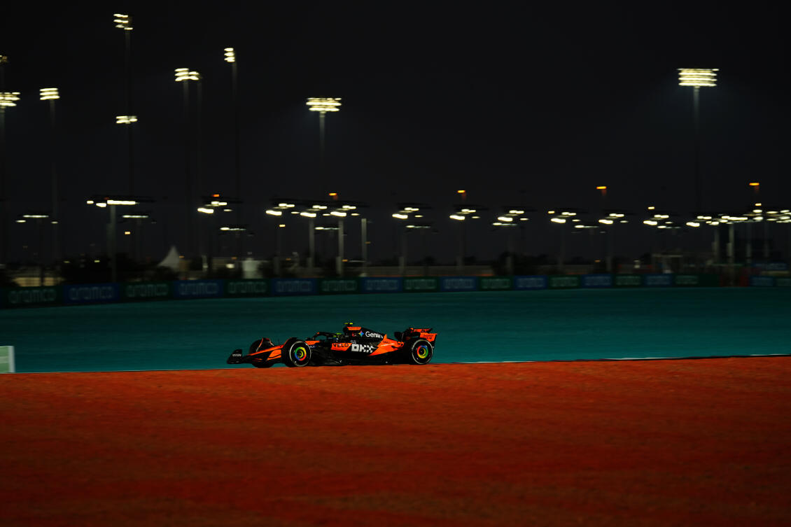 McLaren driver Lando Norris of Britain steers his car during the first qualifying session at the Lusail International Circuit ahead of the Qatar Formula One Grand Prix, in Lusail, Nov. 28, 2025. (AP)